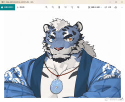 Rule 34 | 1boy, animal ears, bara, blue kimono, eyebrow cut, facial hair, furry, furry male, goatee, heterochromia, japanese clothes, jewelry, katto8452, kimono, large pectorals, looking to the side, male focus, muscular, muscular male, necklace, original, pectoral cleavage, pectorals, short hair, solo, tail, thick eyebrows, tiger boy, tiger ears, tiger tail, upper body, white fur