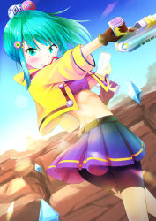 Rule 34 | 1girl, aqua eyes, aqua hair, ass, back, belt, bike shorts, blue sky, blush, breasts, brown belt, brown gloves, canyon, clothes lift, commentary request, cowboy shot, cropped jacket, crystal, dual wielding, floating, gloves, gun, hair bobbles, hair ornament, hairclip, high ponytail, holding, holding gun, holding weapon, holster, hood, hood down, hooded jacket, jacket, kick-flight, lens flare, light rays, looking at viewer, midriff, moon (withmoon), morning, open clothes, outdoors, pleated skirt, profile, purple skirt, purple sports bra, ruriha (kick-flight), short sleeves, shorts, shorts under skirt, sidelocks, skirt, skirt lift, sky, small breasts, smile, solo, sports bra, sunbeam, sunlight, thigh holster, trigger discipline, twisted torso, weapon, wind, wind lift, yellow jacket