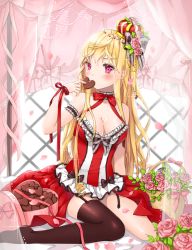 Rule 34 | 1girl, arm support, bad id, bad pixiv id, black thighhighs, blonde hair, breasts, canape (canape0130), candy, chocolate, chocolate heart, cinia pacifica, cleavage, curtains, eating, feet, flower, food, garter straps, heart, long hair, looking at viewer, medium breasts, no shoes, off shoulder, pink eyes, rose, single thighhigh, sitting, solo, sword girls, thighhighs, wariza, window, zettai ryouiki