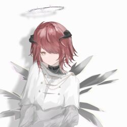 Rule 34 | 1girl, alternate costume, arknights, closed mouth, collar, detached wings, energy wings, exusiai (arknights), highres, horns, looking at viewer, mebe (teadia violet), orange eyes, red hair, robe, short hair, simple background, solo, upper body, white background, wings
