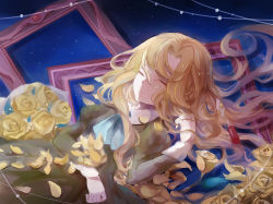 Rule 34 | 1girl, bad id, bad pixiv id, blonde hair, bouquet, closed eyes, dress, flower, ib (kouri), long hair, mary (ib), miiyuro, palette knife, petals, picture frame, rose, solo, yellow flower, yellow rose