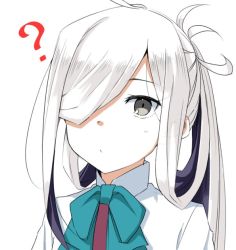Rule 34 | 1girl, ?, ahoge, asashimo (kancolle), bow, bowtie, close-up, grey eyes, hair over one eye, halterneck, kantai collection, long hair, moti coi, ponytail, school uniform, shirt, silver hair, simple background, solo, upper body, white background, white shirt