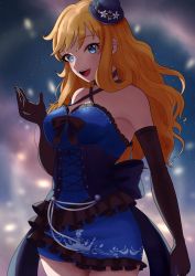Rule 34 | 1girl, bad id, bad pixiv id, bare shoulders, black gloves, black ribbon, blonde hair, blue dress, blue eyes, breasts, cleavage, commentary request, dress, elbow gloves, gloves, ich., idolmaster, idolmaster cinderella girls, large breasts, long hair, looking at viewer, night, night sky, ohtsuki yui, open mouth, outdoors, ribbon, sky, smile, solo, teeth, upper teeth only, wavy hair