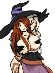 Rule 34 | 2girls, 34no404, amazon (dragon&#039;s crown), blonde hair, blue eyes, breasts, breasts squeezed together, brown hair, circlet, cleavage, covering another&#039;s nipples, covering breasts, covering nipples, covering privates, deep skin, dragon&#039;s crown, grabbing, grabbing another&#039;s breast, grabbing from behind, hair over one eye, hat, huge breasts, long hair, multiple girls, no bra, side slit, simple background, skirt, sorceress (dragon&#039;s crown), tattoo, thick thighs, thighs, very long hair, witch hat, yuri