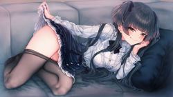 Rule 34 | 1girl, black bow, black bowtie, black hair, black pantyhose, black skirt, blunt bangs, blush, bow, bowtie, clothes lift, couch, cushion, frilled shirt, frills, hand on own cheek, hand on own face, high-waist skirt, highres, idolmaster, idolmaster shiny colors, lifted by self, looking at viewer, lying, mayuzumi fuyuko, on side, pantyhose, petticoat, shirt, shirt tucked in, skirt, skirt hold, skirt lift, smile, solo, thighband pantyhose, thighs, two side up, undressing, wakaba (945599620)