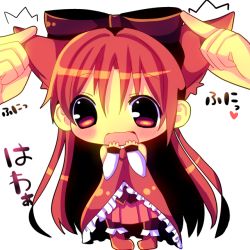 Rule 34 | 10s, 1girl, animal ears, bad id, bad pixiv id, blush, bow, cat ears, cat tail, chibi, chocolat (momoiro piano), dress, grabbing another&#039;s ear, hair bow, hand on another&#039;s ear, hand to own mouth, kemonomimi mode, long hair, magical girl, mahou shoujo madoka magica, mahou shoujo madoka magica (anime), mini person, minigirl, open mouth, red dress, red eyes, red hair, sakura kyoko, solo, surprised, tail, translation request, wavy mouth