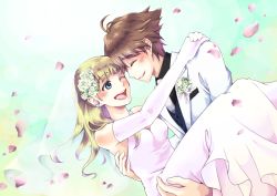 Rule 34 | 1boy, 1girl, :d, blonde hair, blue eyes, breasts, brown hair, carrying, claire (bokujou monogatari), cleavage, day, dress, earrings, elbow gloves, closed eyes, flower, formal, gloves, hair flower, hair ornament, harvest moon, hetero, hisayo pic, jewelry, looking at another, necklace, one eye closed, open mouth, petals, princess carry, simple background, smile, standing, suit, vest, wedding dress, white dress, white gloves, white neckwear, white suit