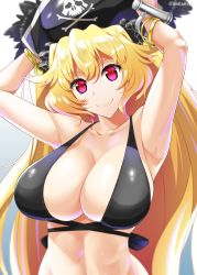 Rule 34 | 1girl, anne bonny (fate), anne bonny (fate/grand order), anne bonny (swimsuit archer) (fate), anne bonny (swimsuit archer) (first ascension) (fate), armpits, bikini, bikini top only, black bikini, black hat, blonde hair, breasts, fate/grand order, fate (series), hat, highres, large breasts, long hair, looking at viewer, mattari yufi, pirate hat, red eyes, simple background, smile, solo, swimsuit, twintails, white background