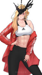 Rule 34 | 1girl, abs, absurdres, adidas, alternate costume, artist name, breasts, cleavage, collarbone, commentary, contemporary, earrings, english commentary, genshin impact, half mask, highres, jacket, jewelry, light brown hair, long hair, long sleeves, looking at viewer, mask, midriff, navel, omenion, pants, purple eyes, sidelocks, signora (genshin impact), simple background, solo, sports bra, toned, track jacket, track pants, track suit, watermark, white background