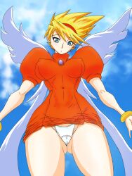 Rule 34 | 1girl, ass, blonde hair, blue eyes, bracelet, breasts, breath of fire, breath of fire iii, capcom, curvy, dress, fat mons, gluteal fold, hairband, highres, jewelry, karate style, large breasts, navel, nina (breath of fire iii), nipples, panties, pantyshot, shiny skin, skin tight, spiked hair, thighs, underwear, wings