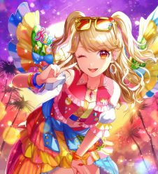 Rule 34 | 1girl, ;d, aikatsu! (series), aikatsu on parade!, bare shoulders, blonde hair, blush, clothes around waist, commentary request, detached sleeves, eyewear on head, hand up, leaning forward, looking at viewer, matsurika youko, multicolored clothes, natsuki mikuru, one eye closed, open mouth, palm tree, puffy short sleeves, puffy sleeves, red vest, short sleeves, smile, solo, sparkle, sunglasses, sunset, teeth, tree, two side up, upper teeth only, v, vest, white sleeves, yellow-framed eyewear