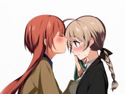 Rule 34 | 2girls, ahoge, black jacket, black ribbon, blue shirt, blush, braid, braided ponytail, brown jacket, closed eyes, closed mouth, commentary, dress shirt, frown, green neckwear, grey sweater, hair ribbon, hand on another&#039;s face, highres, jacket, kiss, kissing forehead, long hair, looking at another, lynette bishop, military, military uniform, multiple girls, necktie, necktie grab, neckwear grab, patricia schade, red hair, ribbon, shirt, simple background, single braid, strike witches, strike witches: kurenai no majo-tachi, sweatdrop, sweater, tamasaki tama, uniform, white background, white shirt, world witches series, yuri