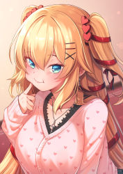 Rule 34 | 1girl, :t, akai haato, blonde hair, blue eyes, blush, breasts, cardigan, closed mouth, collarbone, commentary request, finger to cheek, hair between eyes, hair ornament, hair ribbon, heart, heart hair ornament, heart print, highres, hololive, jewelry, large breasts, long hair, long sleeves, looking at viewer, magowasabi, nail polish, necklace, pink cardigan, red ribbon, ribbon, signature, sleeves past wrists, smile, solo, twitter username, two side up, upper body, virtual youtuber, x hair ornament