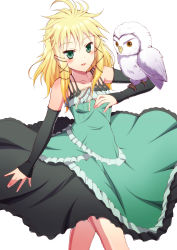 Rule 34 | 10s, 1girl, bare shoulders, bird, black bullet, blonde hair, blush, dress, elbow gloves, gloves, green dress, green eyes, hair ornament, highres, long hair, ookami maito, open mouth, owl, solo, tina sprout, white background, yellow eyes
