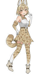 Rule 34 | animal ears, blush, bow, bowtie, breasts, brown bow, brown bowtie, brown eyes, brown footwear, brown gloves, brown hair, brown skirt, brown thighhighs, earthisfire, elbow gloves, full body, gloves, grin, highres, kemono friends, large breasts, looking at viewer, multicolored clothes, multicolored gloves, multicolored thighhighs, parted lips, serval (kemono friends), shirt, short hair, simple background, skirt, sleeveless, sleeveless shirt, smile, tail, teeth, thighhighs, v, white background, white gloves, white shirt, white thighhighs