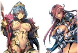 Rule 34 | 2girls, armor, bikini armor, blue hair, breasts, brown hair, gauntlets, holding, holding weapon, homare (fool&#039;s art), large breasts, long hair, looking at viewer, multiple girls, open mouth, pauldrons, polearm, red eyes, red hair, shoulder armor, simple background, thighhighs, weapon, white background