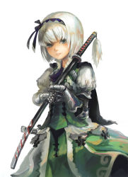 Rule 34 | 1girl, adapted costume, bow, embarrassed, embellished costume, female focus, gauntlets, grey eyes, hair bow, iroai midodo, katana, konpaku youmu, looking at viewer, scabbard, sheath, short hair, silver hair, simple background, solo, sword, touhou, upper body, weapon, white background