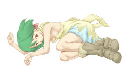 Rule 34 | 00s, 1girl, bare shoulders, blush, boots, breasts, brown footwear, closed mouth, dress, full body, green hair, hamao, knee boots, looking at viewer, lying, macross, macross frontier, on side, ranka lee, red eyes, short hair, sideboob, simple background, sleeveless, sleeveless dress, small breasts, smile, solo, white background, yellow dress