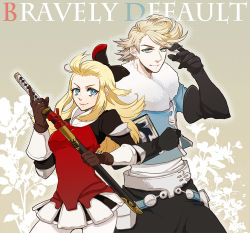Rule 34 | 1boy, 1girl, blonde hair, blue eyes, bow, bravely default: flying fairy, bravely default (series), breasts, closed mouth, commentary request, edea lee, elbow gloves, gloves, hair bow, katana, long hair, looking at viewer, pantyhose, ringabel, senbe (motimotio), sword, weapon