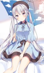 Rule 34 | 1girl, absurdres, black bow, blue dress, blush, bow, buttons, cloud, commentary, cowboy shot, dress, flower, hair flower, hair ornament, hairclip, highres, holding, holding umbrella, long hair, original, parted lips, purple eyes, shiino sera, short dress, short sleeves, signature, silver hair, sketch, sky, solo, star (sky), starry sky, twintails, umbrella, very long hair