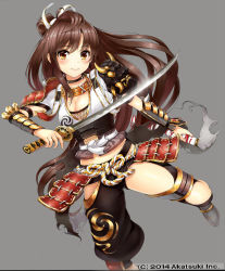 Rule 34 | 1girl, armor, blush, brown eyes, brown hair, closed mouth, collarbone, female focus, grey background, highres, hisahisahisahisa, holding, holding sword, holding weapon, katana, long hair, looking at viewer, original, simple background, smile, solo, straight hair, sword, weapon