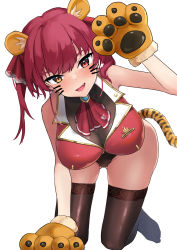 Rule 34 | 1girl, animal ears, animal hands, arrow through heart, ascot, breasts, brooch, chinese zodiac, cleavage, eyebrows hidden by hair, fang, full body, fur-trimmed gloves, fur trim, gloves, gluteal fold, gold trim, hair ribbon, heart, heterochromia, highres, hololive, houshou marine, jacket, jewelry, large breasts, leotard, long hair, looking at viewer, open mouth, oritonagi, paw gloves, red eyes, red hair, red jacket, red ribbon, ribbon, see-through, see-through cleavage, see-through leotard, simple background, sleeveless, sleeveless jacket, smile, solo, tail, thighhighs, thighs, tiger ears, tiger tail, twintails, virtual youtuber, whiskers, white background, year of the tiger, yellow eyes
