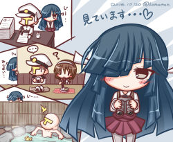 Rule 34 | ..., 1boy, 2girls, :o, ?, bento, binoculars, blue hair, blush, chopsticks, closed mouth, collarbone, collared shirt, cup, dated, dress, food, grey eyes, hair over one eye, hair ribbon, hairband, hat, hayashimo (kancolle), heart, holding, holding binoculars, holding chopsticks, holding food, jacket, kantai collection, komakoma (magicaltale), long hair, long sleeves, looking at viewer, military, military hat, military jacket, military uniform, multiple girls, natori (kancolle), nude, onigiri, onsen, pantyhose, paper stack, parted lips, partially submerged, peaked cap, peeking out, pleated dress, purple dress, ribbon, rubber duck, shirt, smile, spoken ellipsis, stack, stalking, sweatdrop, t-head admiral, translation request, twitter username, uniform, v arms, very long hair, water, white hairband, white hat, white jacket, white ribbon, white shirt, yunomi