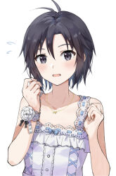 Rule 34 | 1girl, antenna hair, bare shoulders, black eyes, black hair, bracelet, breasts, butterfly necklace, close-up, collarbone, commentary, dress, embarrassed, flower, flying sweatdrops, gold necklace, hands up, idolmaster, idolmaster (classic), jewelry, kikuchi makoto, lace, lace-trimmed dress, lace trim, looking at viewer, loose hair strand, mogskg, necklace, open mouth, portrait, short hair, small breasts, solo, starpiece memories (idolmaster), sundress, upper body, white dress, white flower, wrist flower