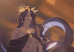 Rule 34 | 1boy, absurdres, angel, ankh, azik eggers, bare pectorals, black hair, chinese commentary, commentary request, crown, dark skin, earrings, gold earrings, gold necklace, highres, jewelry, lamia boy, long hair, looking at viewer, lord of the mysteries, monster boy, necklace, pectorals, scales, shanque574, slit pupils, snake tail, solo, sunlight, tail, wings, yellow eyes