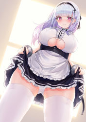 Rule 34 | 1girl, anchor, anchor choker, apron, azur lane, bangle, black hairband, black ribbon, black skirt, blunt bangs, blush, bracelet, breasts, center frills, choker, closed mouth, clothes lift, clothing cutout, commentary, cowboy shot, diamond earrings, dido (azur lane), dutch angle, earrings, frilled apron, frilled choker, frilled shirt, frilled skirt, frills, from below, frown, gluteal fold, hair ribbon, hairband, highres, jewelry, lace-trimmed hairband, lace trim, large breasts, lifting own clothes, long hair, looking at viewer, maid apron, minoshi, nose blush, panties, purple eyes, ribbon, shirt, sidelocks, silver hair, skindentation, skirt, skirt lift, sleeveless, sleeveless shirt, solo, standing, thighhighs, underboob, underboob cutout, underwear, waist apron, white apron, white panties, white shirt, white thighhighs, window, zettai ryouiki