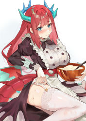 Rule 34 | 1girl, absurdres, apron, aqua eyes, blush, breasts, dragon girl, dragon horns, dragon tail, dragonmaid (yu-gi-oh!), dress, duel monster, fang qiao, food, garter belt, garter straps, highres, horns, kitchen dragonmaid, large breasts, long hair, long sleeves, looking at viewer, maid, maid apron, mixing bowl, open mouth, puffy sleeves, red hair, simple background, sitting, solo, tail, white background, yu-gi-oh!