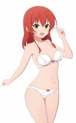 Rule 34 | 1girl, bocchi the rock!, bow, bow bra, bow panties, bra, commentary, cowboy shot, crotch seam, highres, kita ikuyo, looking at viewer, medium hair, navel, open mouth, panties, red hair, simple background, smile, solo, standing, underwear, underwear only, v, white background, white bra, white panties, yellow eyes, yisusjpl