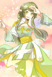 Rule 34 | 1girl, alternate color, arch bishop (ragnarok online), bad id, bad pixiv id, blunt bangs, blush, braid, cleavage cutout, clothing cutout, commentary request, dated, dress, foot out of frame, french braid, frilled sleeves, frills, green dress, green eyes, green hair, juliet sleeves, long hair, long sleeves, looking to the side, open mouth, pointy ears, puffy sleeves, ragnarok online, reload9 yohji, sash, shading eyes, signature, solo, two-tone dress, white dress, yellow sash