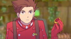 Rule 34 | 1boy, artist name, brown eyes, brown hair, english text, frayed-symphony, gloves, highres, holding, holding jewelry, jewelry, lloyd irving, male focus, parks and recreation, parted lips, spiked hair, suspenders, tales of (series), tales of symphonia