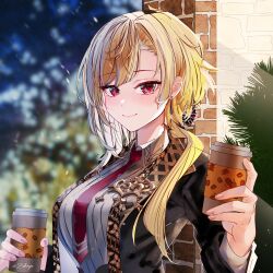 Rule 34 | 1girl, absurdres, asymmetrical bangs, asymmetrical hair, black jacket, blonde hair, blurry, blurry background, blush, breasts, closed mouth, coffee cup, commentary, cup, disposable cup, earrings, eyelashes, highres, holding, holding cup, hololive, hololive indonesia, jacket, jewelry, kaela kovalskia, kaela kovalskia (business casual), looking at viewer, medium breasts, medium hair, necktie, official alternate costume, open clothes, open jacket, red eyes, red necktie, ribbed shirt, shirt, smile, snowing, solo, symbol-only commentary, twitter username, upper body, virtual youtuber, white shirt, wing collar, zakimpo