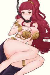 Rule 34 | 1girl, armlet, artist name, bare arms, bare shoulders, bracelet, breasts, chain, chain leash, collar, commission, earrings, fire emblem, fire emblem engage, high ponytail, highres, jewelry, large breasts, leash, long hair, looking at viewer, metal bra, metal bracelet, metal collar, nintendo, on ground, ponytail, red eyes, red hair, serafineart1001, slave, solo, star wars, star wars: return of the jedi, thighlet, thighs, twitter username, very long hair, yunaka (fire emblem)