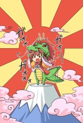 Rule 34 | 1girl, antennae, arms up, blush, bow, brooch, brown hair, cloud, coat, dragon, dragon tail, fictional persona, hair ribbon, jewelry, mount fuji, open mouth, original, red hair, ribbon, rising sun flag, scarf, solid circle eyes, solo, standing, sunburst, tail, tail wagging, viva!!, viva!! (character), whiskers