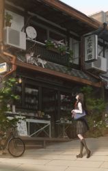 Rule 34 | 1girl, air conditioner, animal, bag, balcony, bicycle, black hair, black skirt, black socks, brown footwear, cat, commentary request, copyright request, day, flower, glasses, highres, kneehighs, loafers, long hair, long sleeves, on roof, onmyoji, outdoors, plaid, plaid skirt, plant, pleated skirt, potted plant, profile, purple flower, red flower, satellite dish, school bag, school uniform, shirt, shoe soles, shoes, sign, skirt, socks, solo, spencer sais, standing, storefront, translation request, very long hair, white flower, white shirt