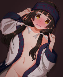 Rule 34 | 10s, 1girl, ainu clothes, amayadori machi, black hair, blunt bangs, blush, breasts, brown eyes, convenient censoring, headband, highres, japanese clothes, kumamiko, long hair, looking at viewer, miko, nekono matatabi, nose blush, open clothes, small breasts, solo, twintails