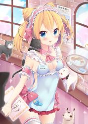 Rule 34 | 1girl, blonde hair, braid, breasts, cat, cleavage, double bun, dress, headdress, highres, kuune rin, long hair, md5 mismatch, moe2016, name tag, no bra, original, small breasts, solo, thighhighs, waitress