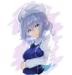 Rule 34 | 1girl, blue dress, blue eyes, breast hold, breasts, commentary request, dress, falken (yutozin), hair between eyes, hat, head tilt, highres, juliet sleeves, letty whiterock, long sleeves, medium breasts, one-hour drawing challenge, parted lips, puffy sleeves, purple background, short hair, silver hair, solo, touhou, two-tone background, upper body, white background, white sleeves