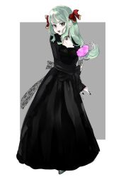 Rule 34 | 1girl, black dress, black nails, bow, bow (paper mario), collarbone, dress, fang, green hair, grey background, grey eyes, hair bow, hand fan, highres, holding, holding fan, jewelry, long dress, long hair, long sleeves, looking at viewer, mario (series), necklace, nintendo, open mouth, paper mario, paper mario 64, personification, red bow, sidelocks, simple background, sketch, smile, solo, swept bangs, tanakaoruta
