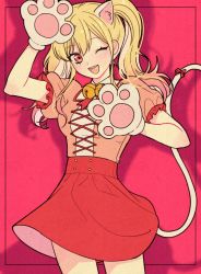 Rule 34 | 1girl, animal ears, animal hands, blonde hair, cat ears, cat girl, cat tail, commentary request, gradient hair, highres, korean commentary, long hair, multicolored hair, no52523, one eye closed, open mouth, pink eyes, pink hair, pink shirt, project sekai, puffy short sleeves, puffy sleeves, red skirt, shirt, short sleeves, skirt, smile, solo, tail, tenma saki, twintails