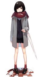 Rule 34 | 1girl, black hair, brown eyes, buttons, coat, full body, highres, loafers, long sleeves, original, parted lips, pavement, pleated skirt, pocket, red scarf, scarf, school uniform, shiba inu (happy13227), shoes, short hair, simple background, skirt, snow, socks, solo, standing, striped clothes, striped socks, umbrella, vertical-striped clothes, vertical-striped socks, white background