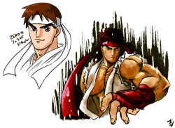 Rule 34 | 1boy, brown eyes, brown hair, commentary request, dougi, fingerless gloves, frown, gloves, headband, large pectorals, male focus, mugicha (zoro1132), muscular, muscular male, pectorals, ryu (street fighter), serious, signature, smile, street fighter, street fighter zero (series), torn clothes, translation request, v-shaped eyebrows, white headband
