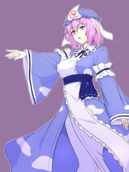 Rule 34 | 1girl, blue headwear, blue kimono, blue sash, breasts, cloud print, highres, japanese clothes, kakone, kimono, large breasts, long sleeves, one-hour drawing challenge, open mouth, pink eyes, pink hair, purple background, saigyouji yuyuko, sash, short hair, simple background, standing, touhou, triangular headpiece, wide sleeves