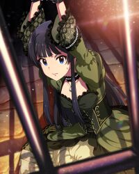 Rule 34 | 1girl, arms up, bars, black hair, blue eyes, card (medium), choker, corset, dress, green dress, idolmaster, idolmaster million live!, idolmaster million live! theater days, jewelry, juliet sleeves, long sleeves, mogami shizuka, necklace, official art, puffy sleeves, restrained, solo