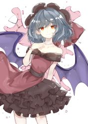 Rule 34 | 1girl, alternate costume, bare shoulders, bat wings, blue hair, closed mouth, collarbone, contrapposto, dress, feet out of frame, flat chest, frills, hand up, hat, highres, light smile, looking at viewer, medium hair, mirokudays, mob cap, off-shoulder dress, off shoulder, petticoat, pointy ears, red eyes, remilia scarlet, simple background, solo, touhou, white background, wings