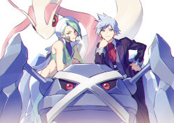 Rule 34 | 2boys, bare arms, black pants, blue eyes, blue hair, closed mouth, collared shirt, commentary request, creatures (company), game freak, gen 3 pokemon, green hair, hand on own hip, highres, jacket, leaning forward, light smile, long sleeves, metagross, milotic, multiple boys, nintendo, pants, pokemon, pokemon (creature), pokemon oras, red neckwear, shirt, spiked hair, steven stone, wallace (pokemon), white shirt, xia (ryugo)