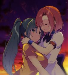 Rule 34 | 2girls, back bow, blush, bow, breasts, closed eyes, commentary request, dress, dusk, eyelashes, eyes visible through hair, facing another, green eyes, grey hair, hair between eyes, hand on another&#039;s shoulder, highres, higurashi no naku koro ni, hug, large breasts, light particles, long hair, looking at another, medium breasts, multiple girls, open mouth, orange hair, orange sky, outdoors, parted lips, ponytail, puffy short sleeves, puffy sleeves, purple bow, purple sky, ryuuguu rena, shirt, short hair, short sleeves, sidelocks, sky, smile, sonozaki mion, straight hair, suzuragi karin, tsurime, upper body, very long hair, white dress, yellow shirt